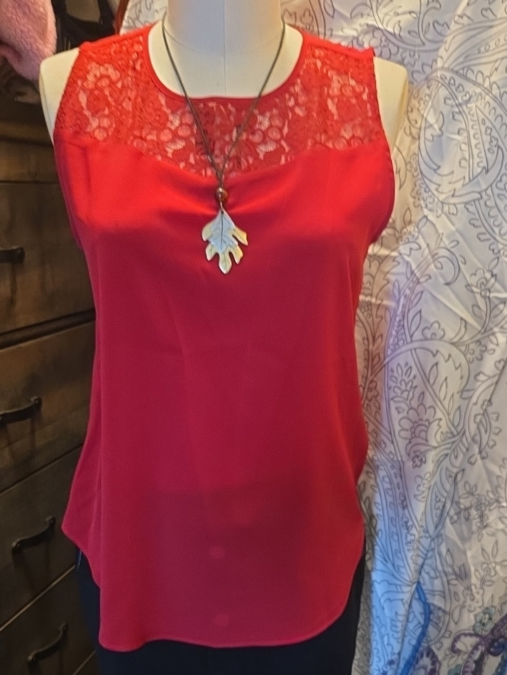 Van Heusen Red Lace Yoke Sleeveless Top